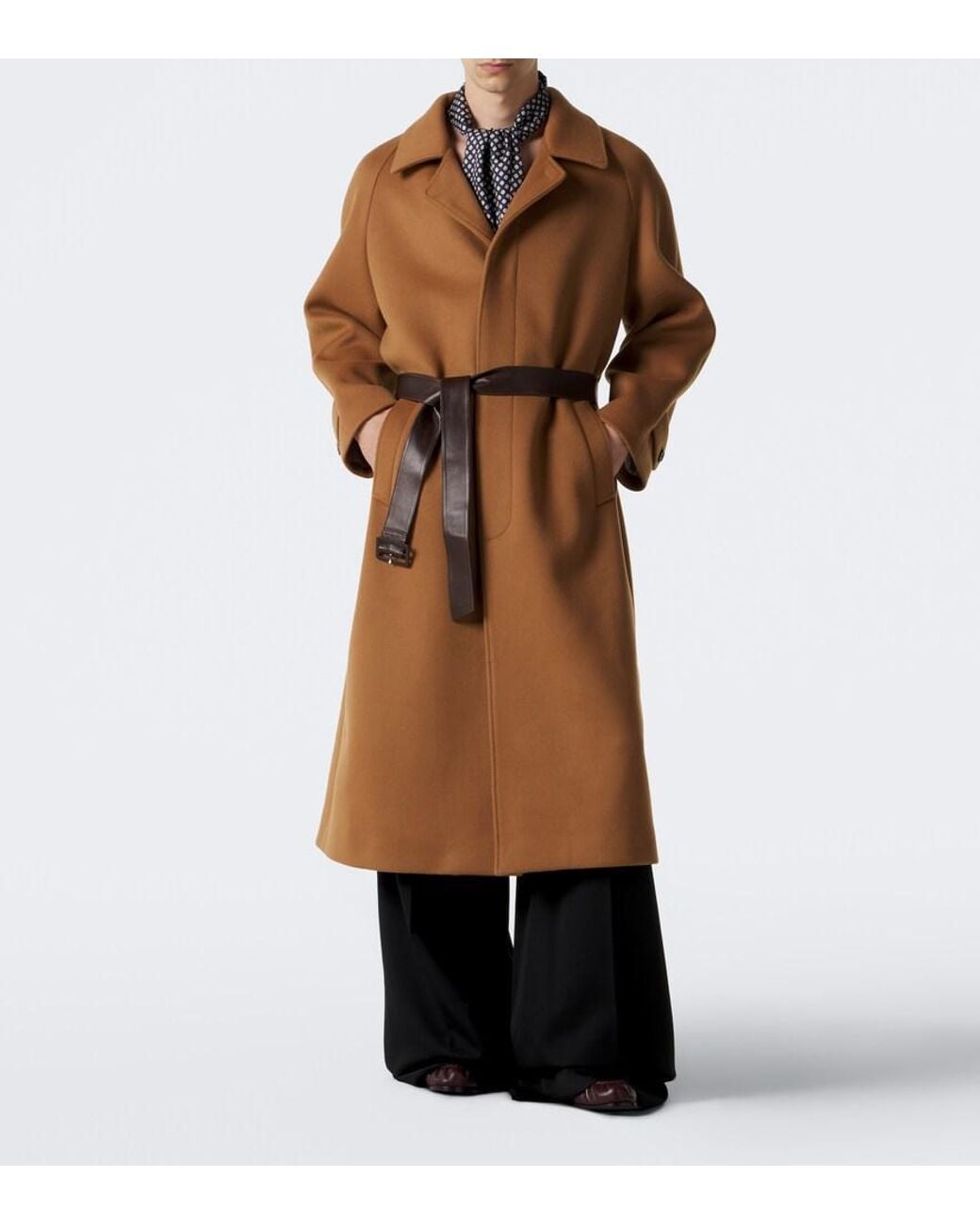 Saint Laurent Brown Belted Wool Overcoat for men