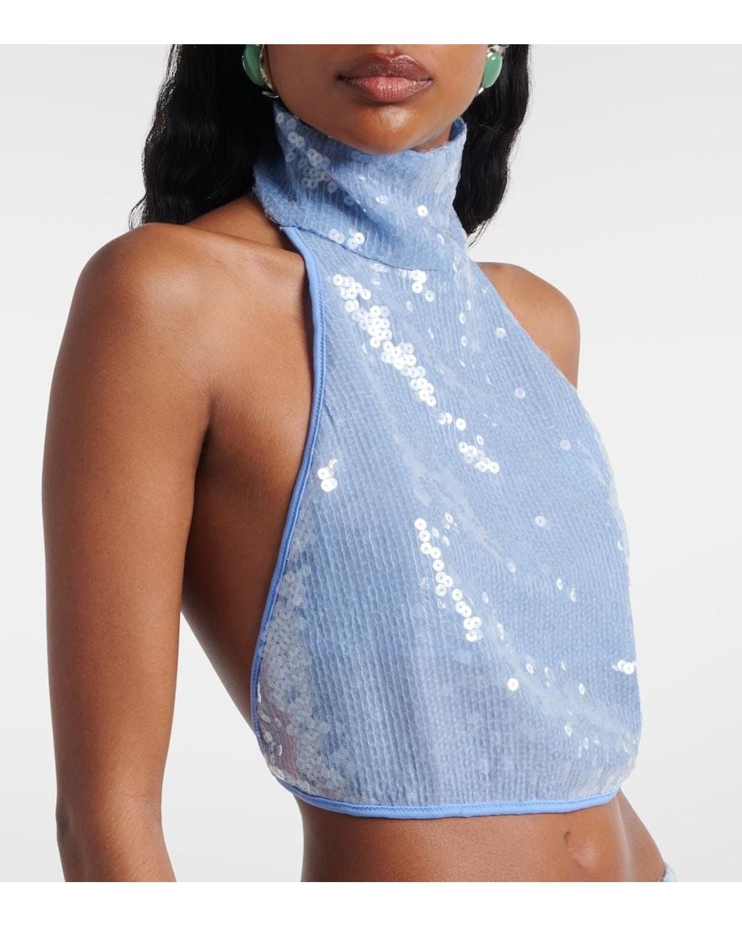Oseree Blue Sequined Halterneck Crop Top