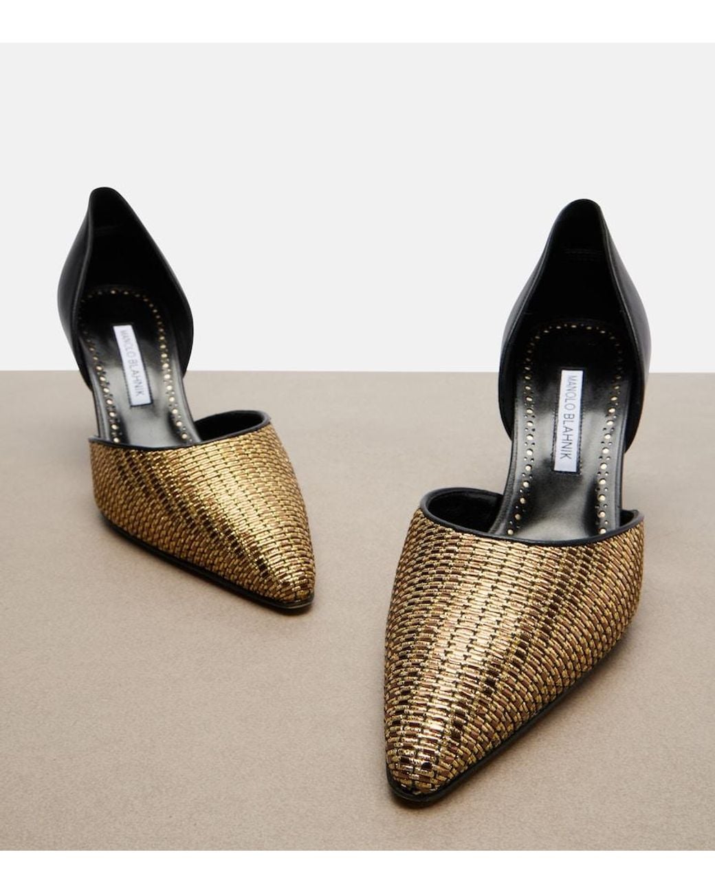 Manolo Blahnik Metallic Taylerbinu Leather-Trimmed Woven Pumps