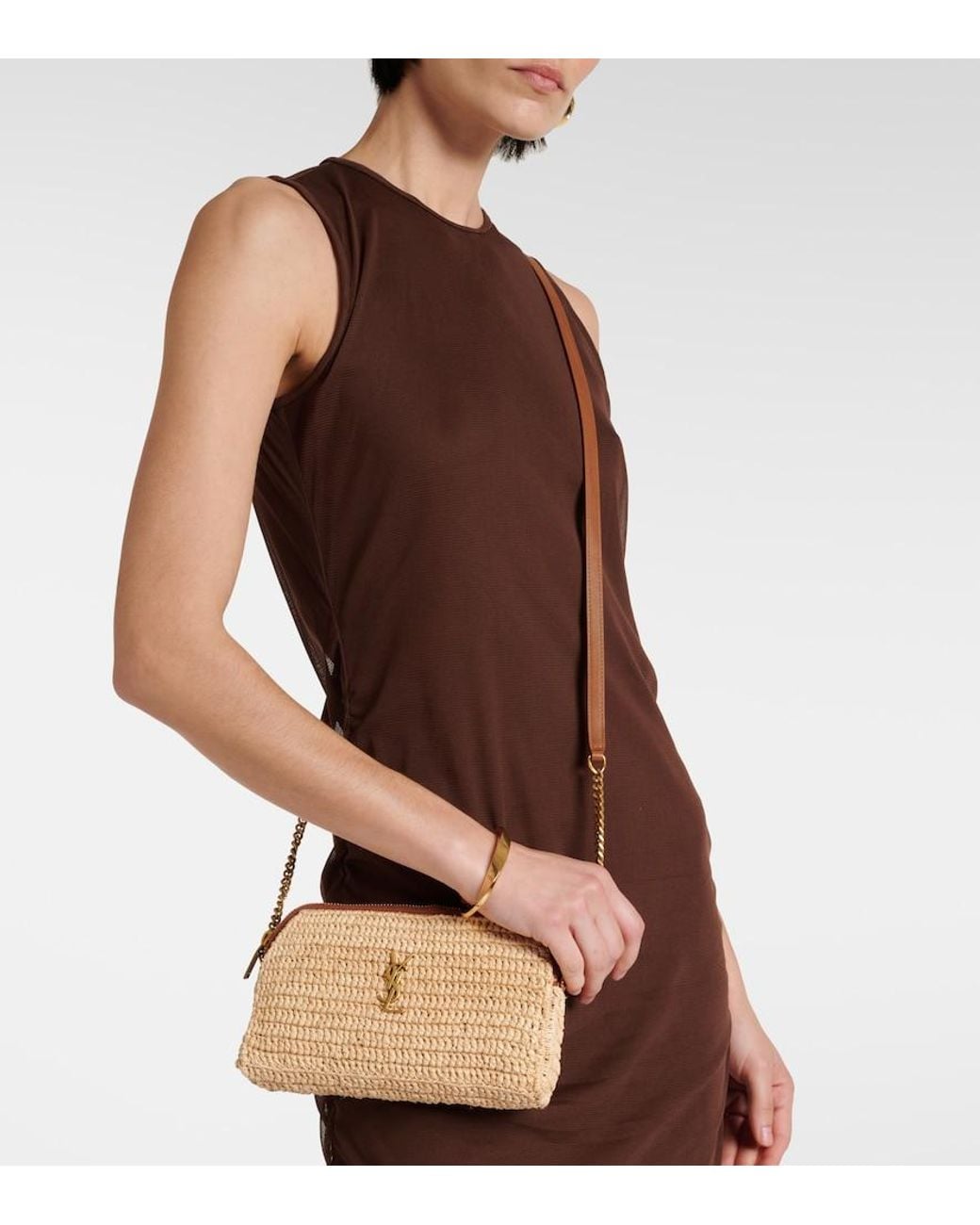 Saint Laurent Natural Gaby Leather-Trimmed Raffia Shoulder Bag