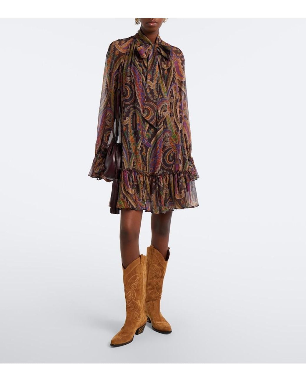 Etro Brown Paisley Tie-Neck Silk Minidress