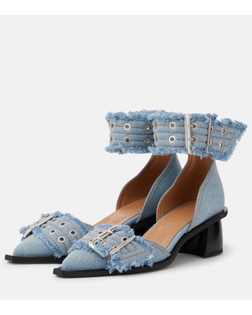 Ganni Blue Denim Feminine Buckle Open Cut Heels
