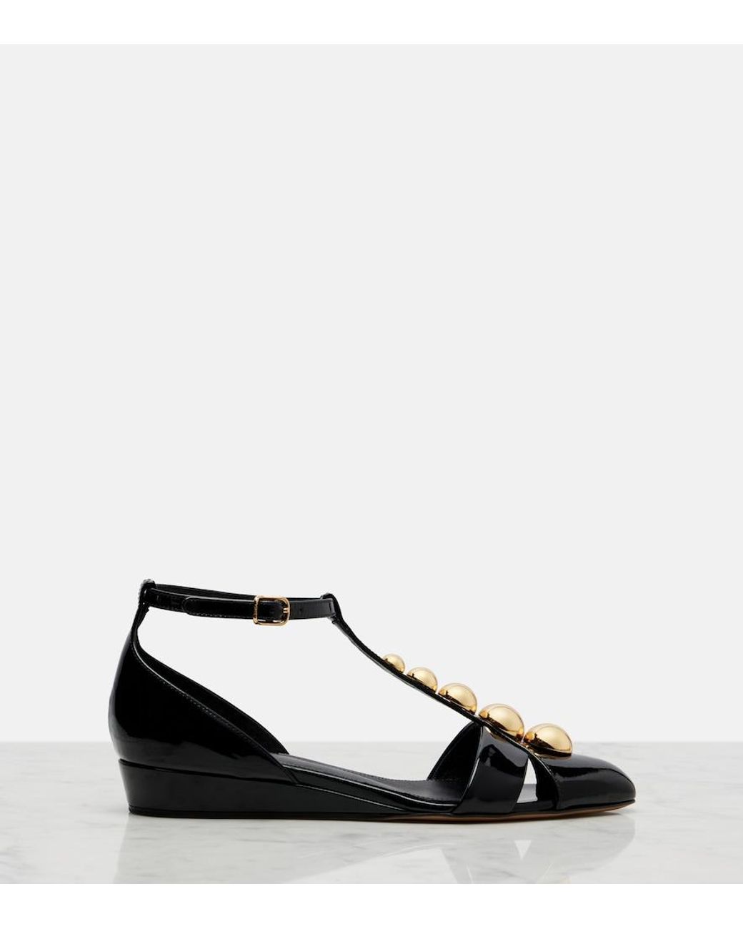 Chloé Black Cleia Studded Patent-Leather Wedge Sandals
