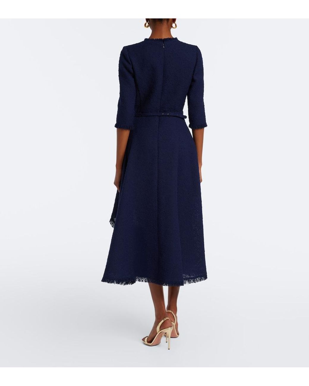 Oscar de la Renta Blue Embellished Tweed Midi Dress