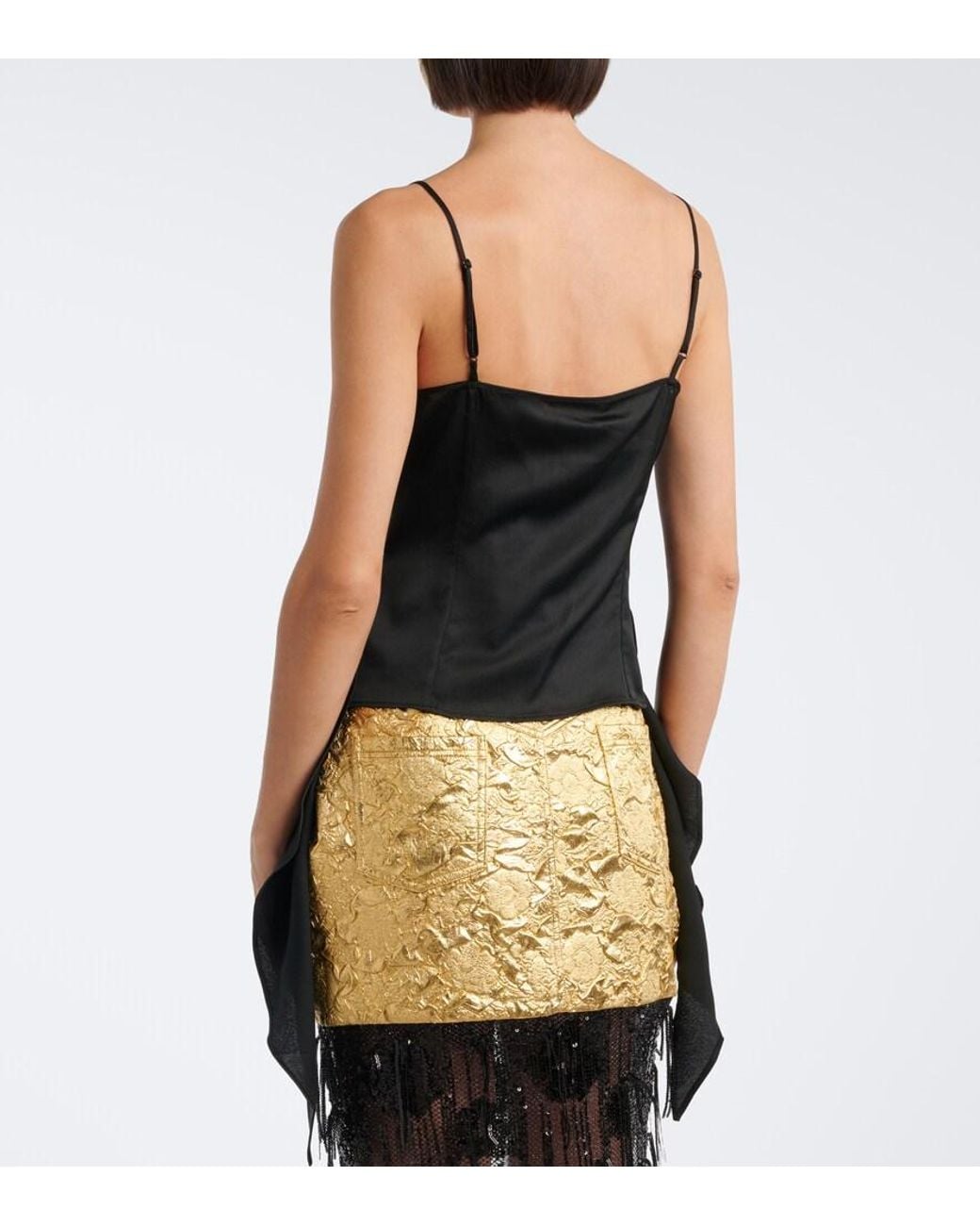 JACQUES WEI Black Embroidered Draped Satin Camisole