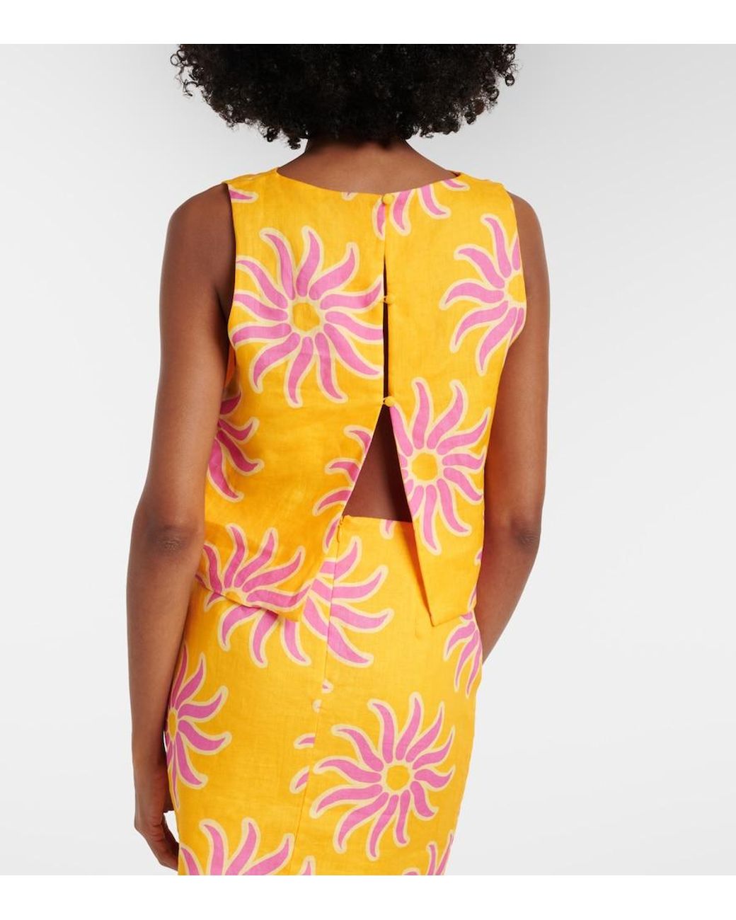 Cala De La Cruz Yellow Avelino Printed Linen Crop Top