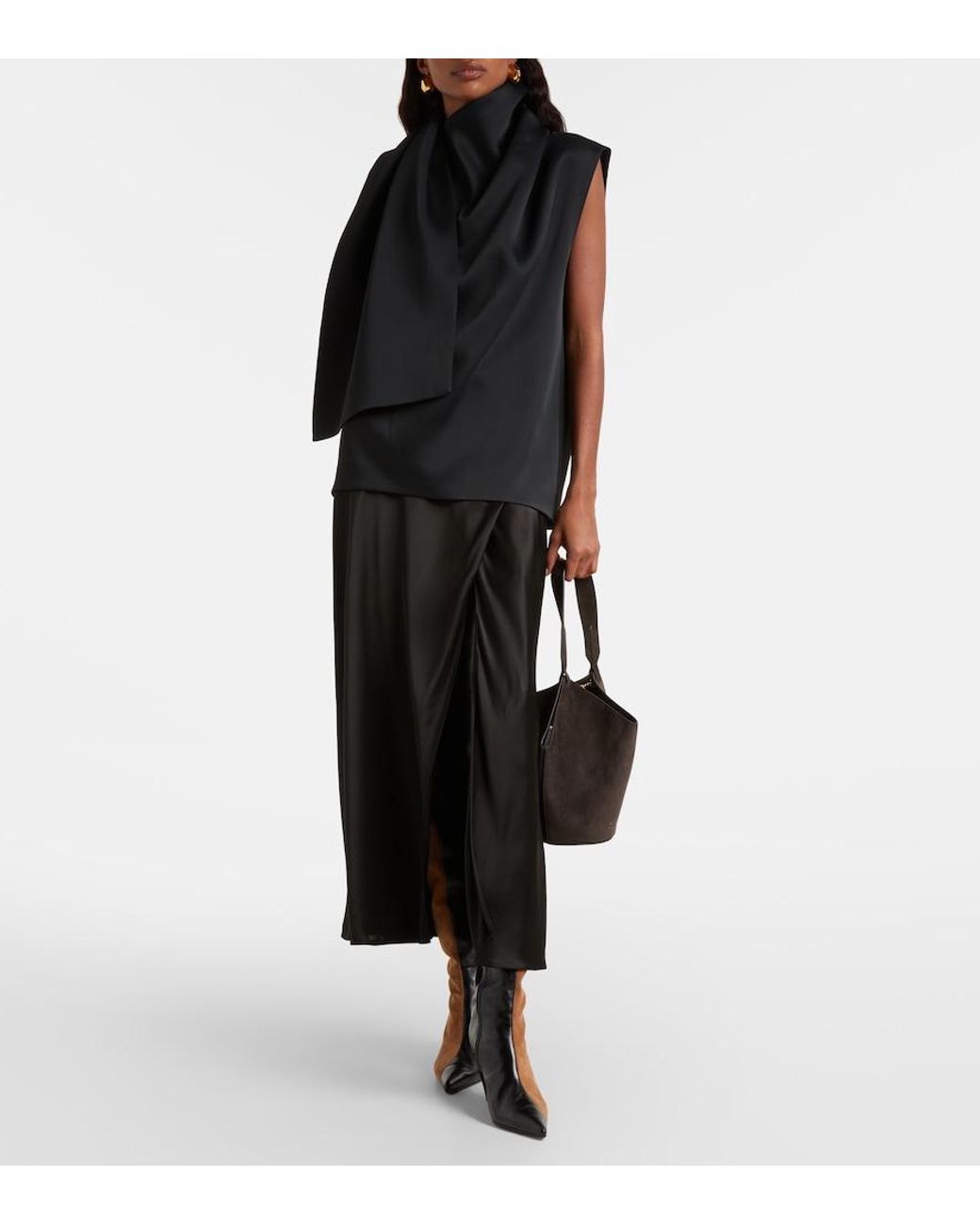 Khaite Black Loe Scarf-Detail Crepe Satin Top