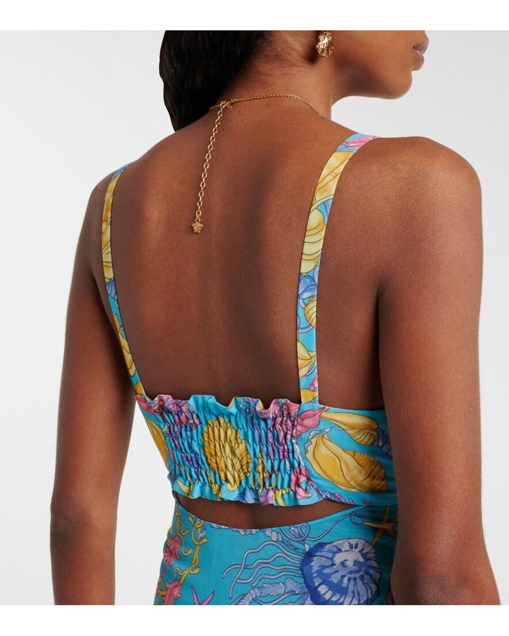 Versace Blue Printed Cutout Semi-Sheer Maxi Dress