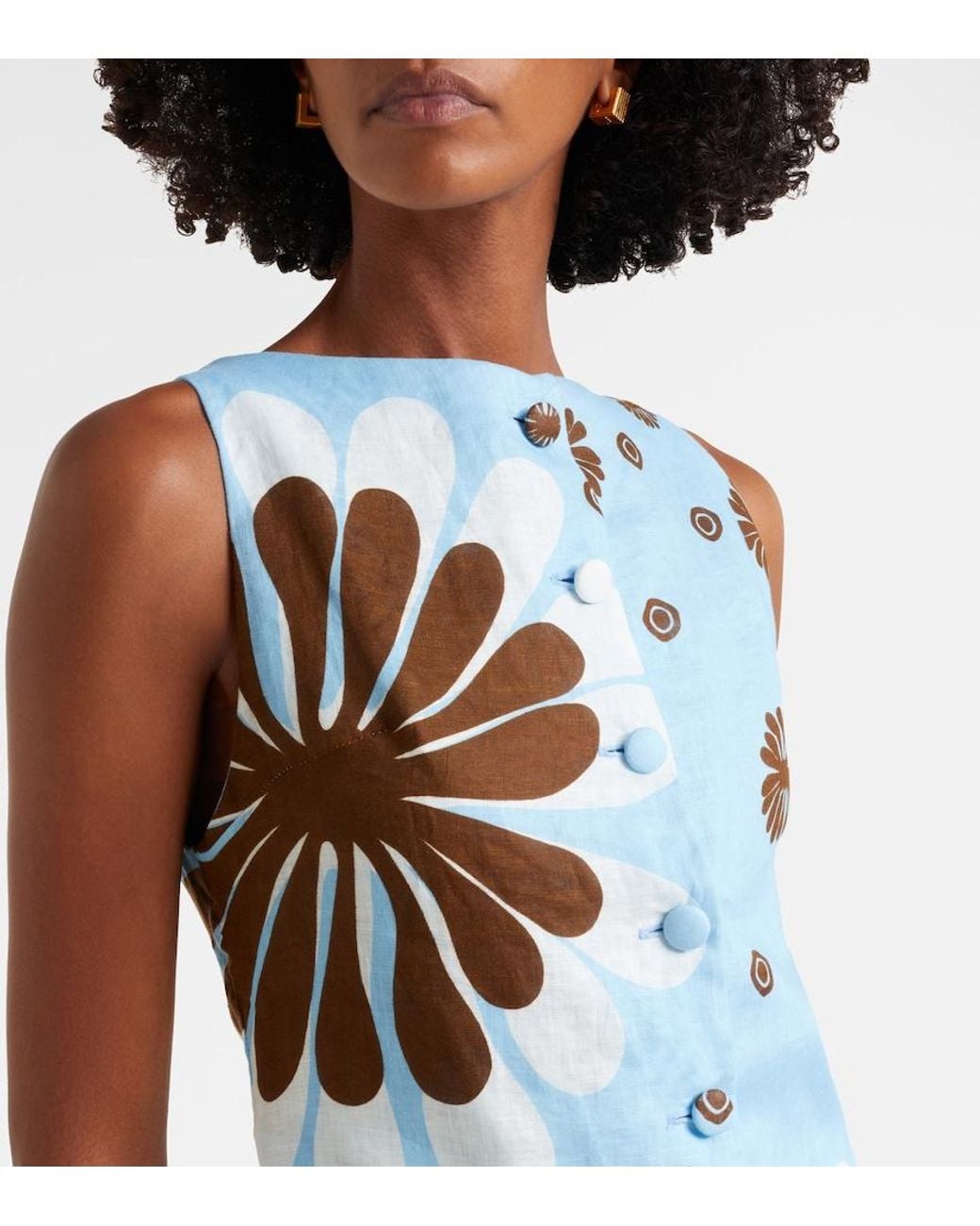Cala De La Cruz Blue Rhoda Floral Linen Minidress