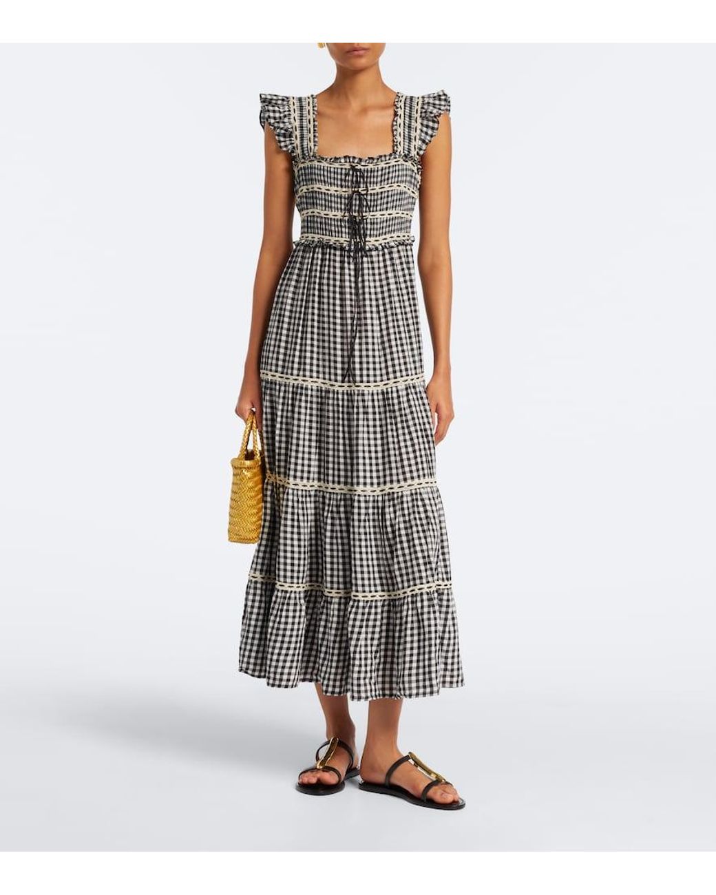 Rixo Gray Chandra Checked Tiered Cotton Midi Dress