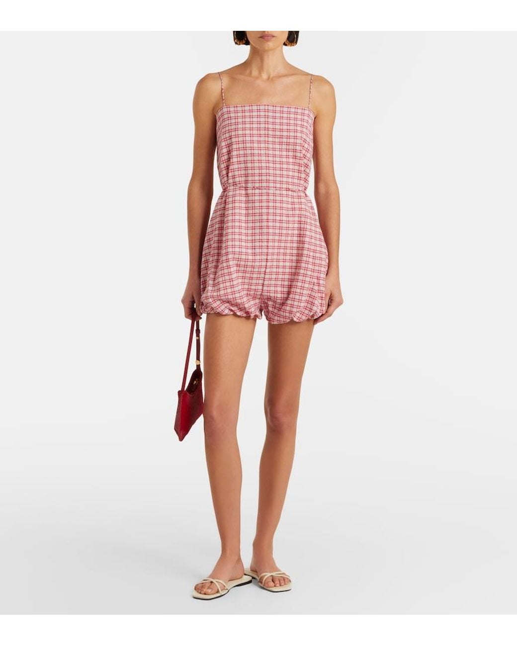 Faithfull The Brand Pink Riatto Checked Cotton Romper