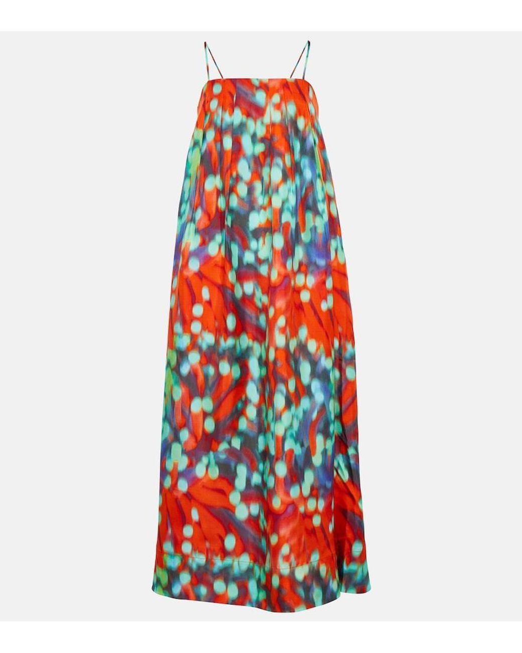Asceno Red Heather Printed Silk Maxi Dress