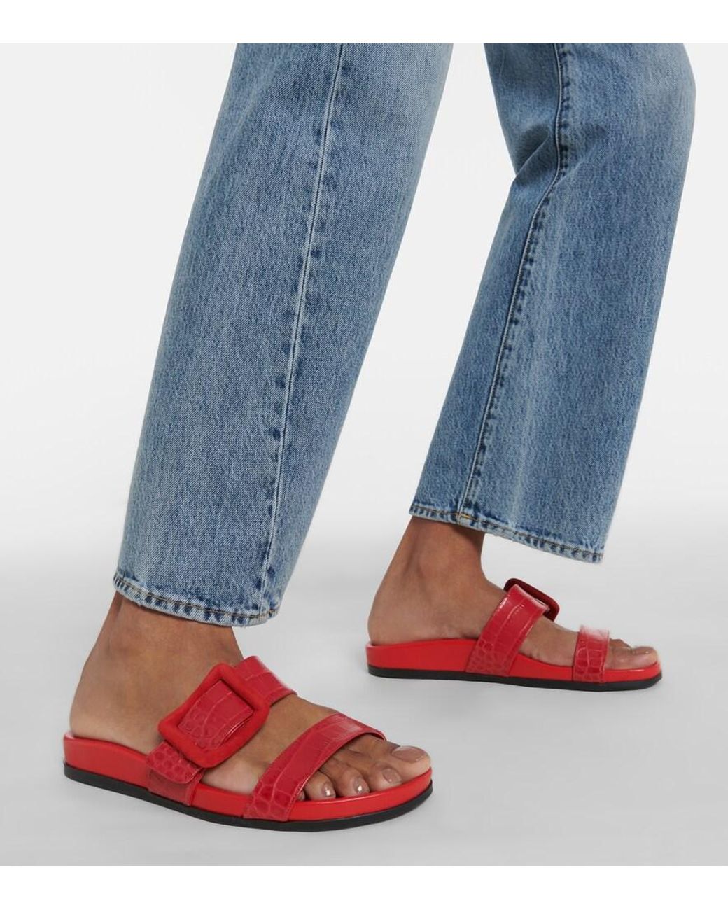 Manolo Blahnik Red Mayfu Croc-Effect Leather Sandals