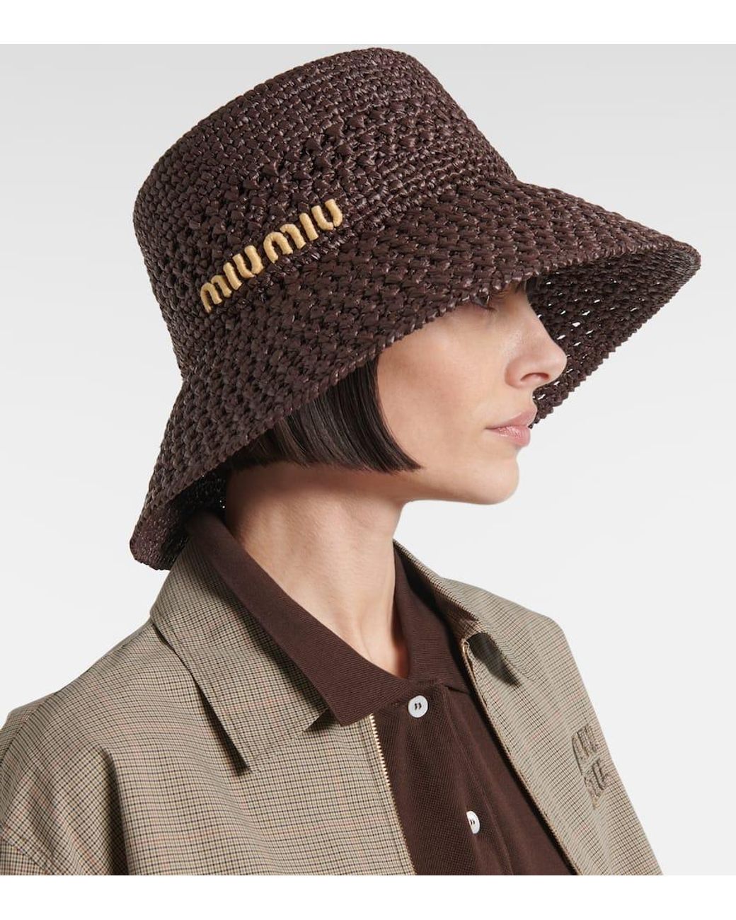 Miu Miu Logo Raffia-Effect Bucket Hat in Brown | Lyst
