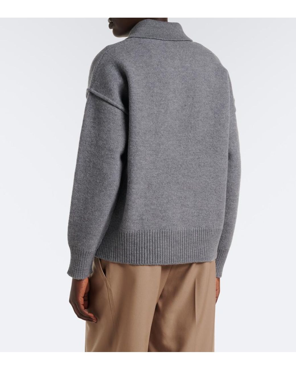 AMI Gray Ami De Coeur Wool Polo Sweater
