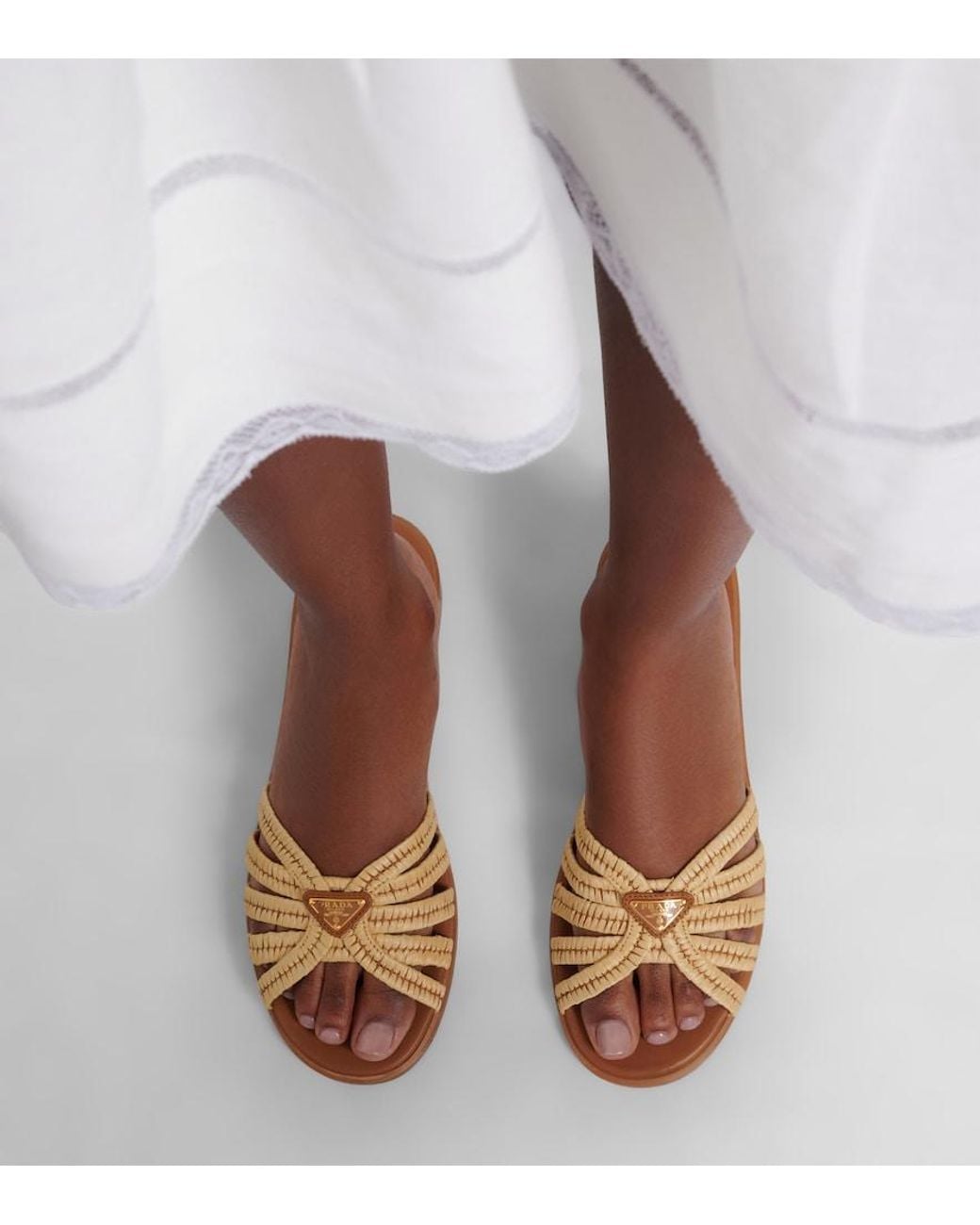 Prada Brown Crochet Raffia-Effect Slides