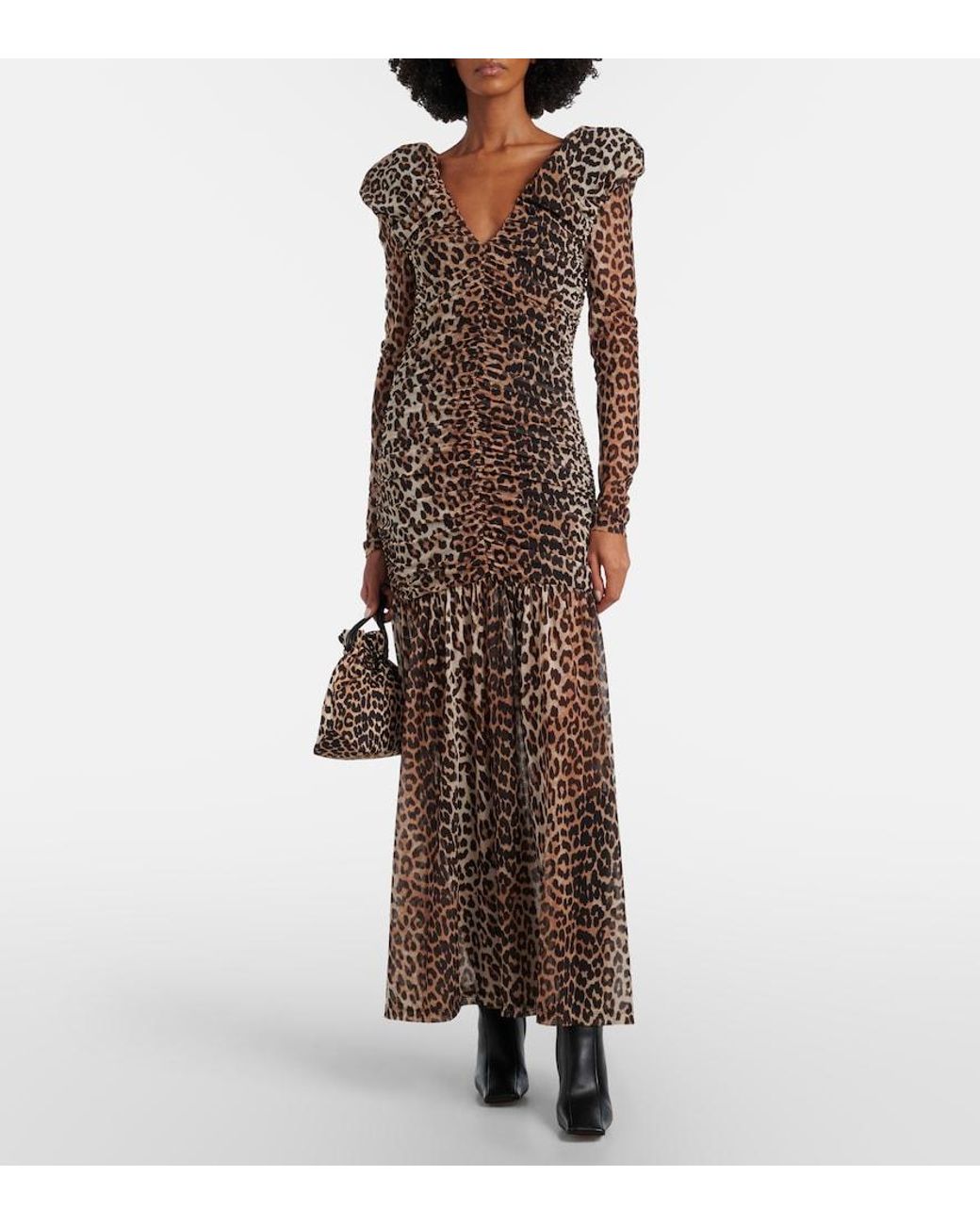 Ganni Brown Leopard-Print Cloque Maxi Dress