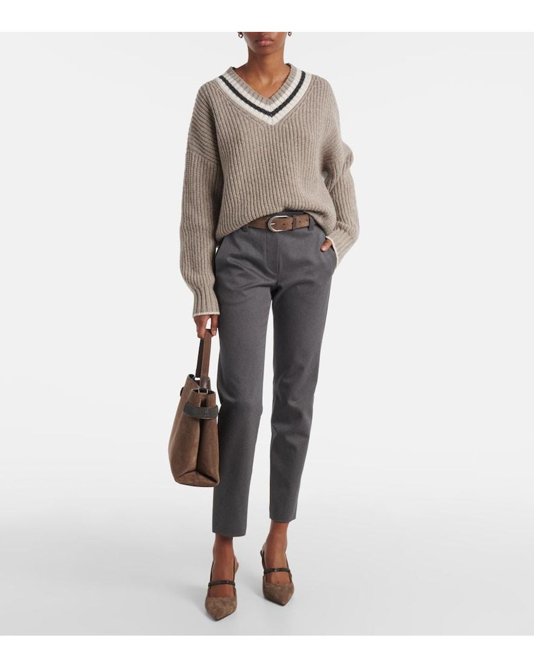 Brunello Cucinelli Gray Cotton-Blend Slim Pants