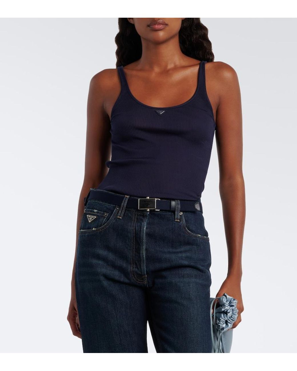 Prada Blue Ribbed-Knit Silk Tank Top