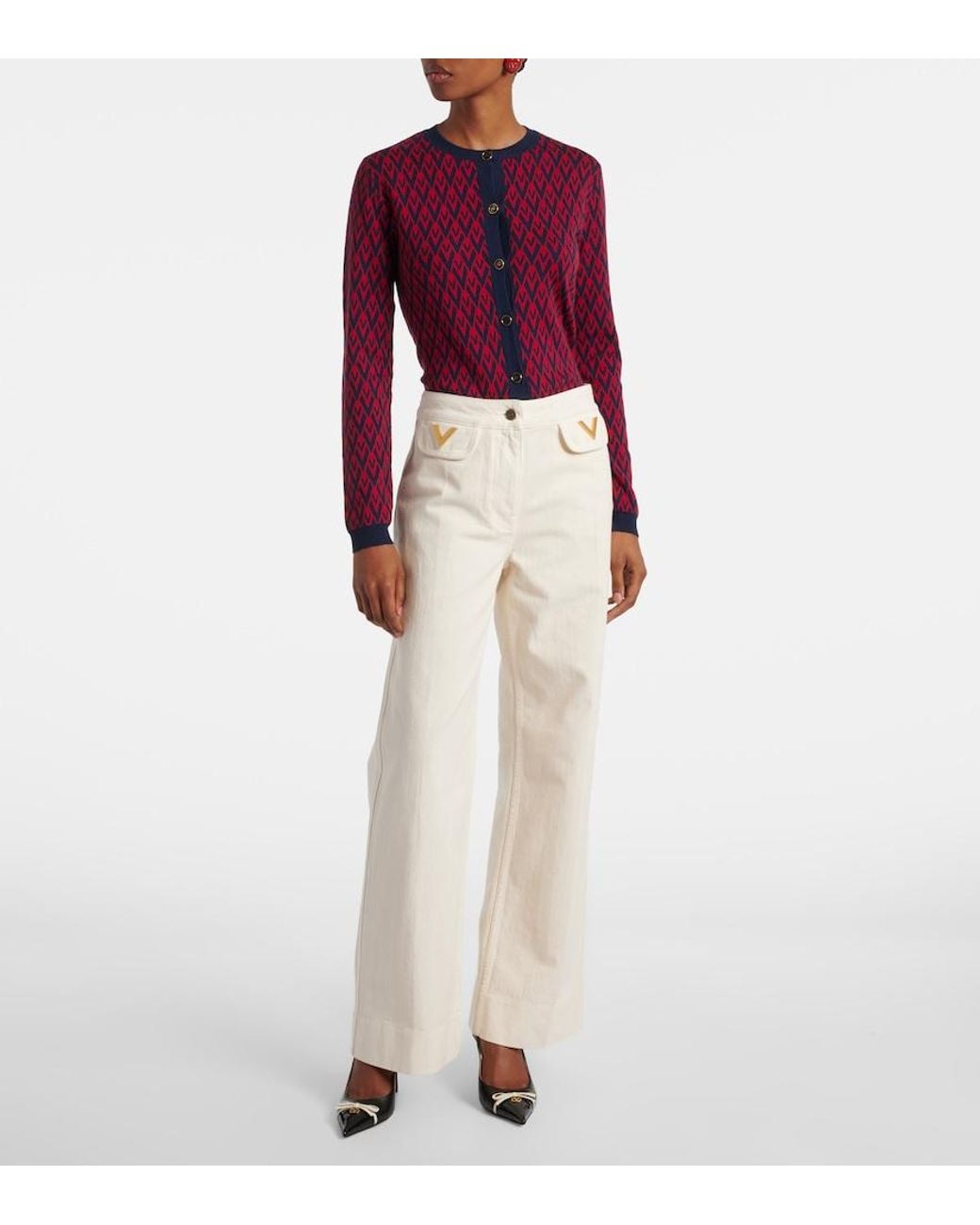 Valentino Garavani White Vgold Mid-Rise Wide-Leg Jeans