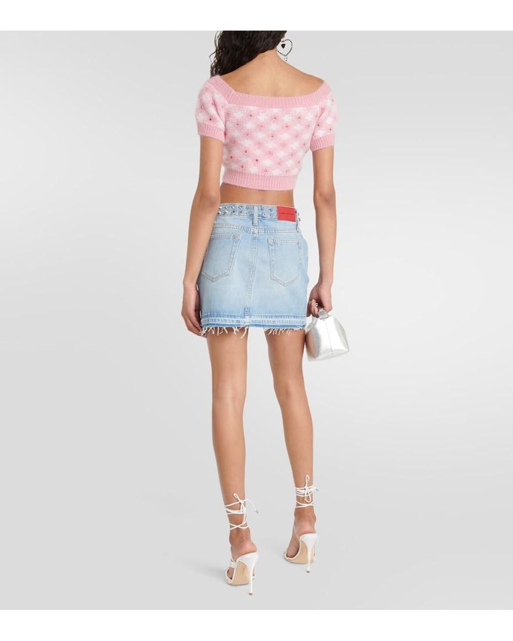Alessandra Rich Blue Studded Frayed Denim Miniskirt