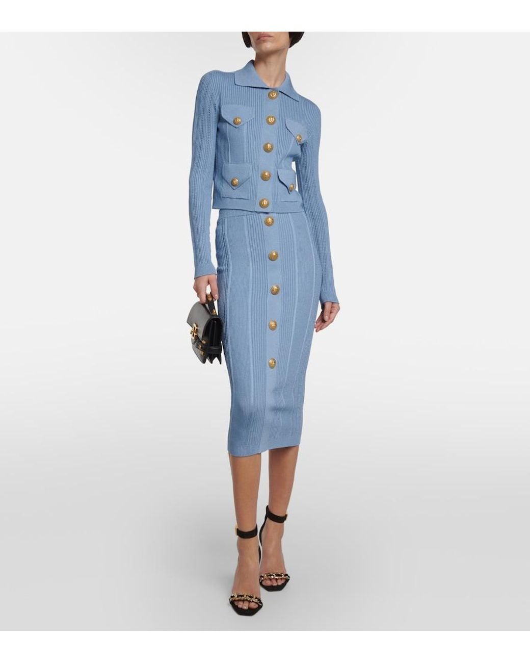 Balmain Blue Ribbed-Knit Midi Skirt