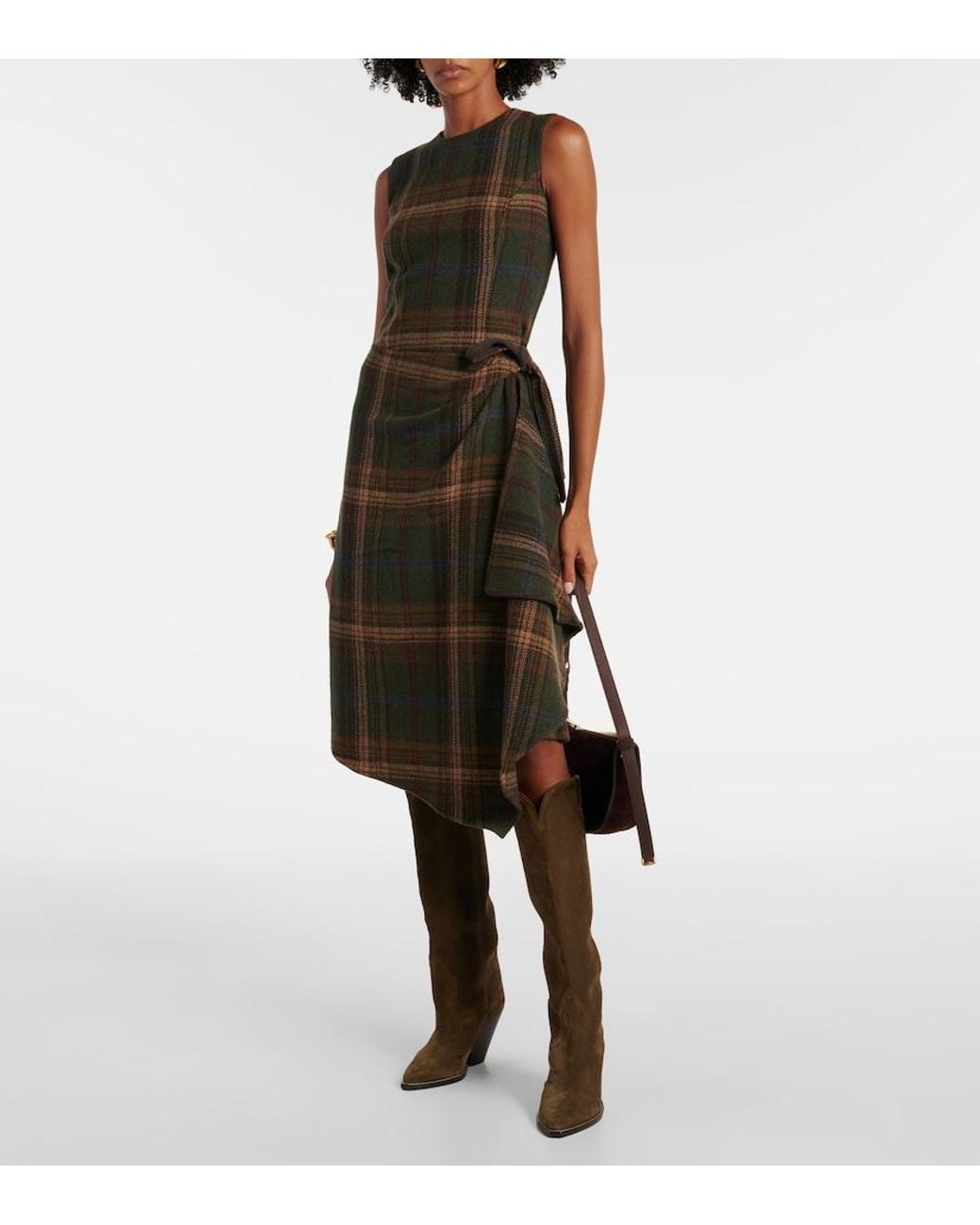 Polo Ralph Lauren Plaid Wool-Blend Midi Dress in Green | Lyst