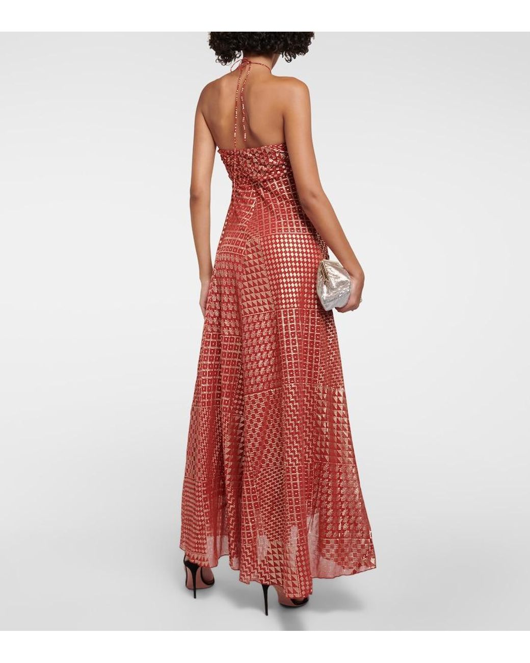 rixo samira halter maxi dress London Printed Halterneck Gown in Red attribute:occasion:valentine's