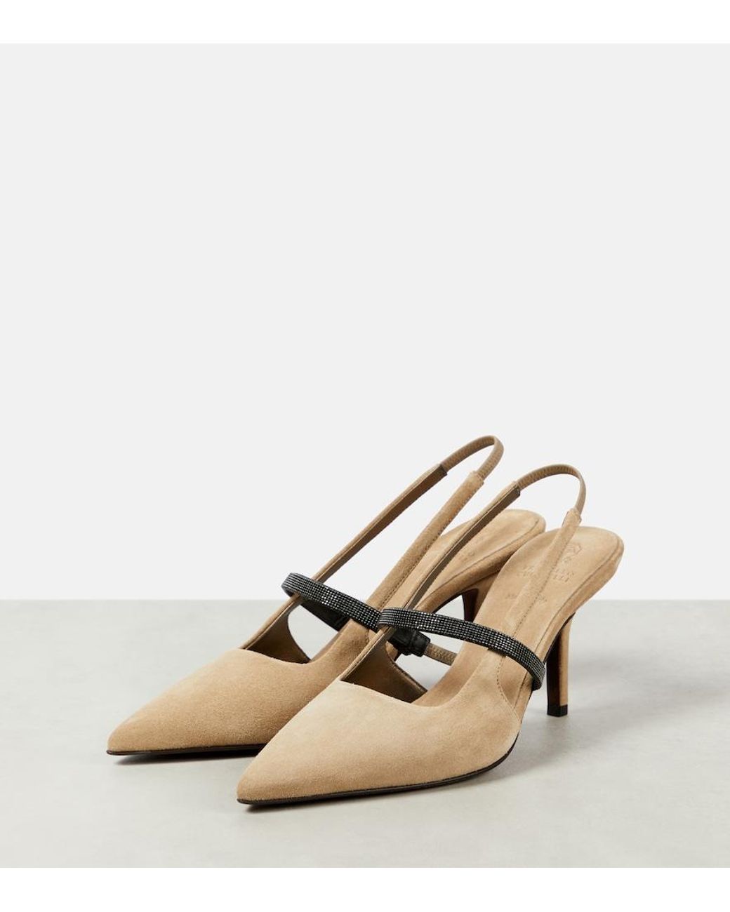 Brunello Cucinelli Natural Monili Suede Slingback Pumps