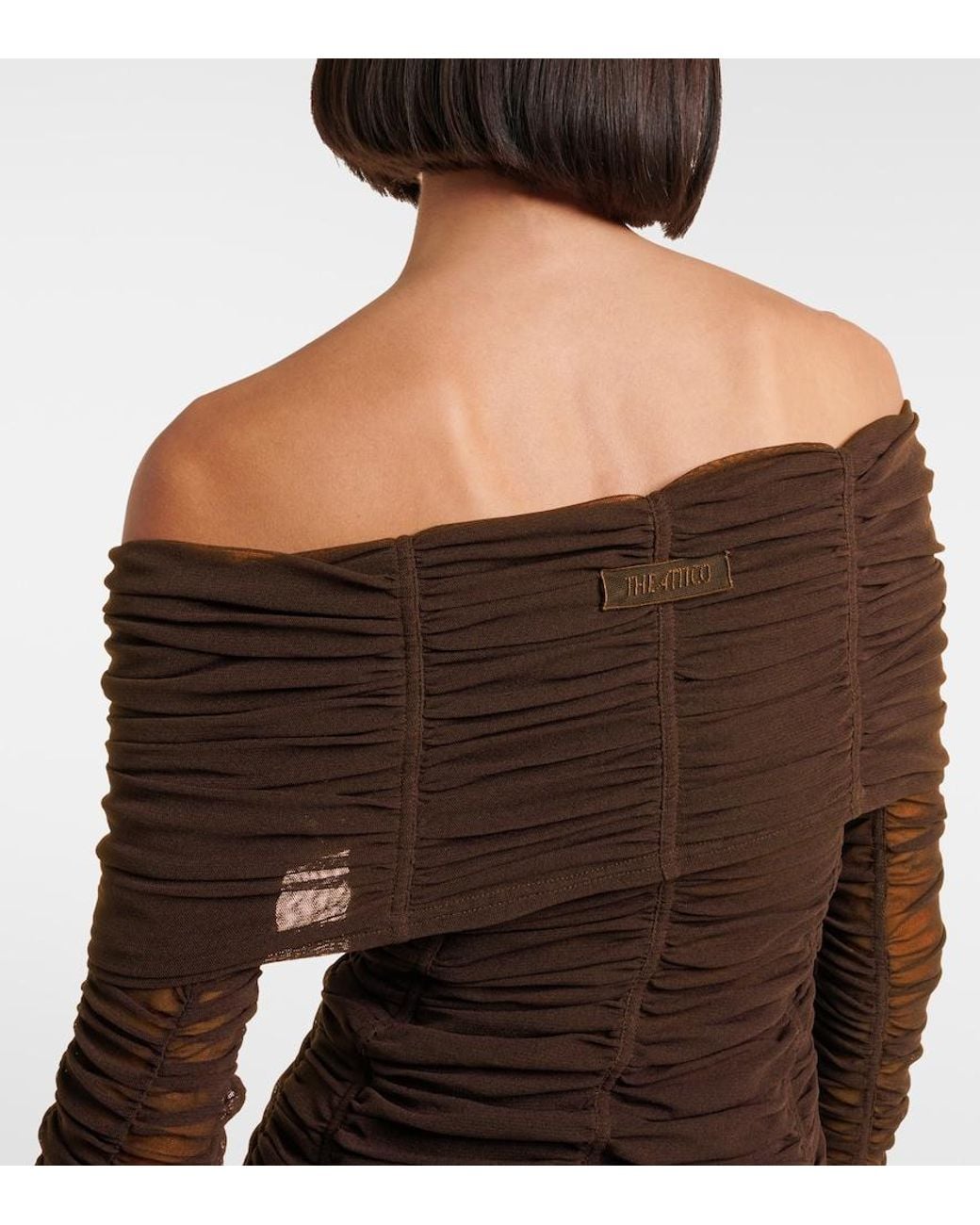 The Attico Brown Ruched Off-Shoulder Jersey Top