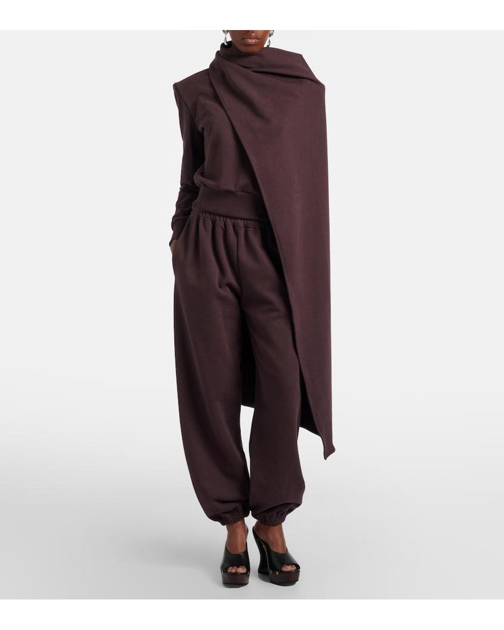 Magda Butrym Brown Draped Scarf-Detail Cotton Sweatshirt