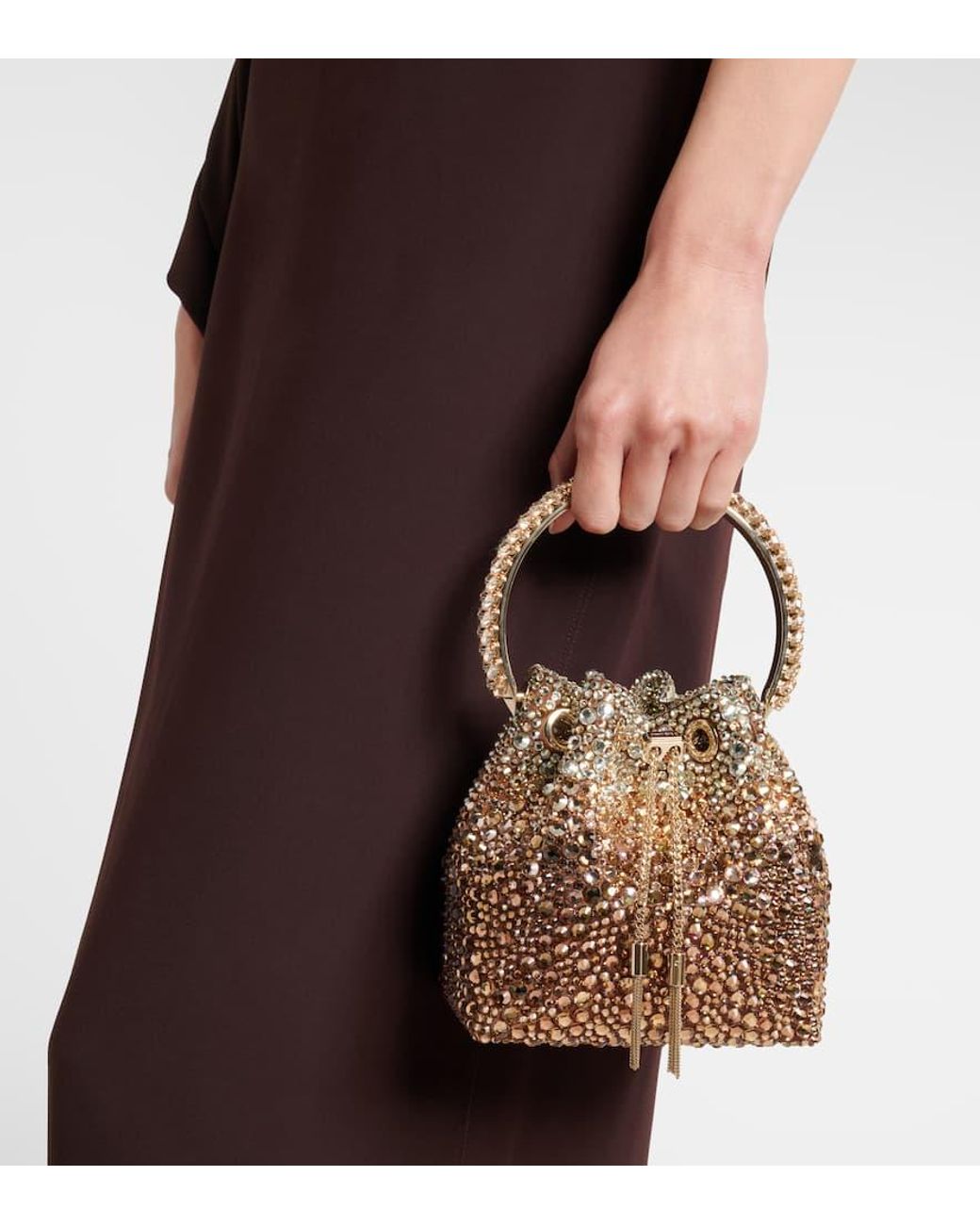 Jimmy Choo Brown Bon Bon Embellished Satin Bucket Bag