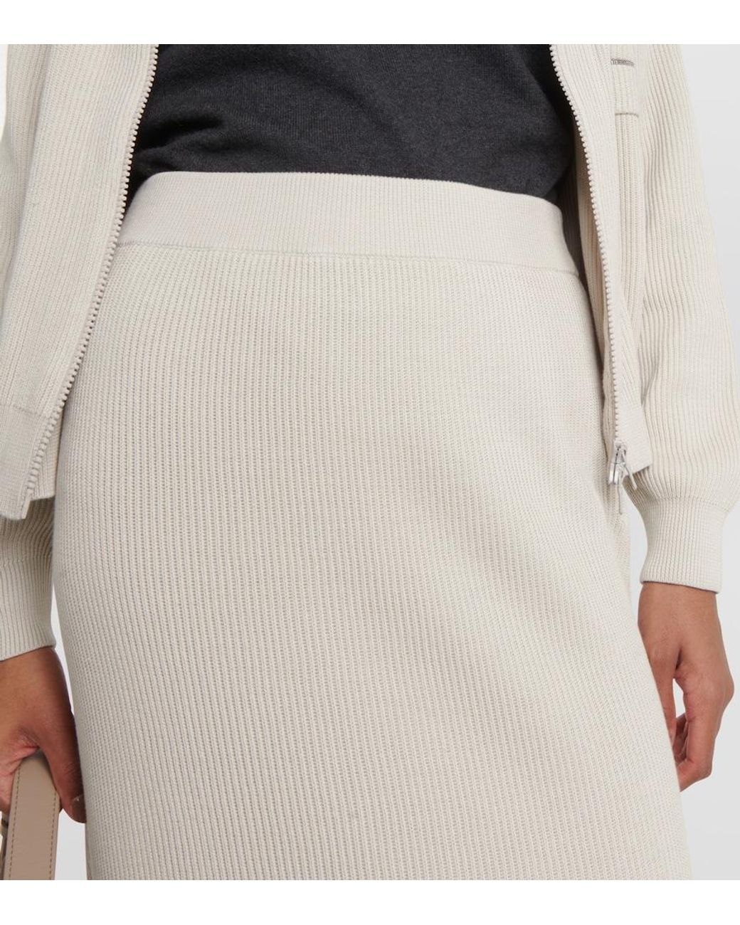 Brunello Cucinelli White Ribbed-Knit Cotton Midi Skirt