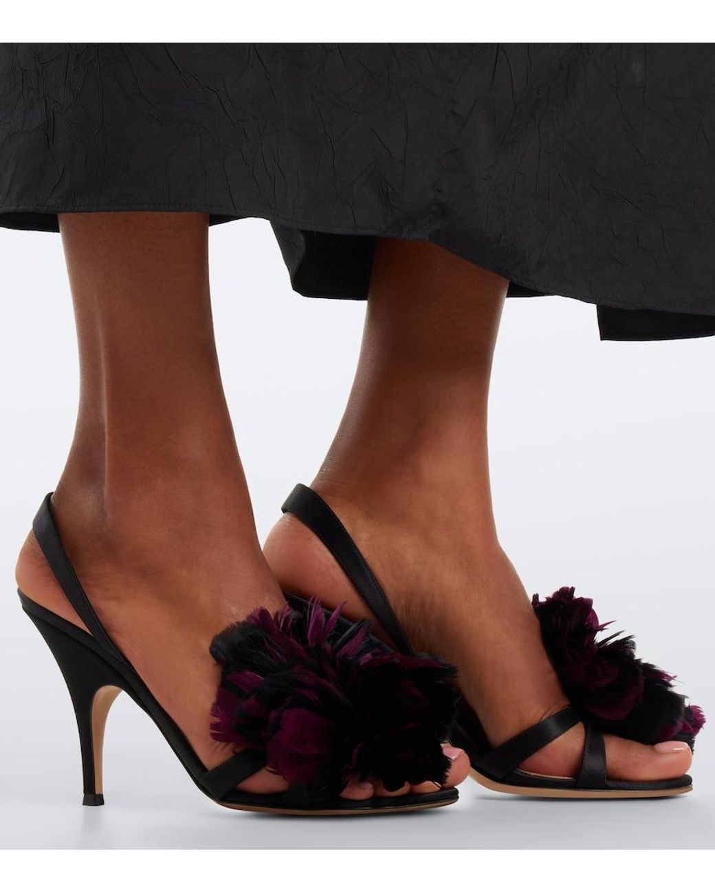 Gianvito Rossi Black Floral-Applique Satin Slingback Sandals