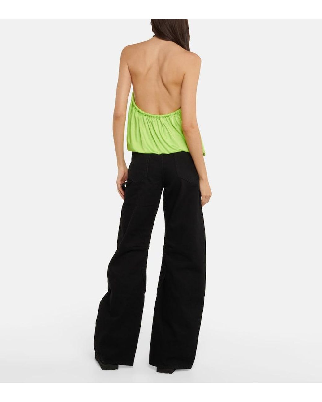 The Attico Green Pauline Leather-Trimmed Top