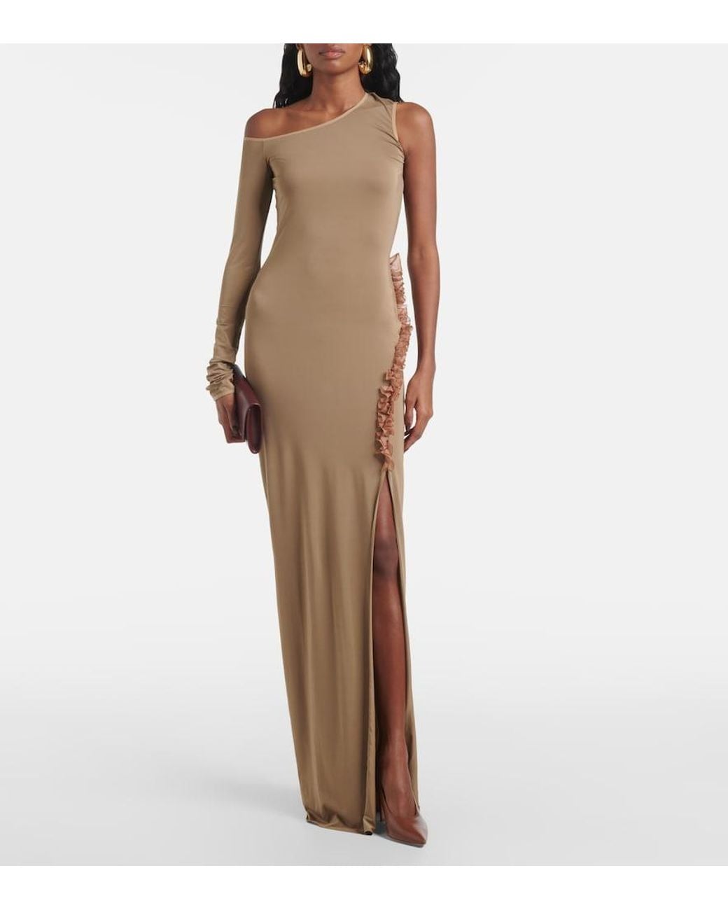 Nensi Dojaka Natural Asymmetric Ruffled Maxi Dress