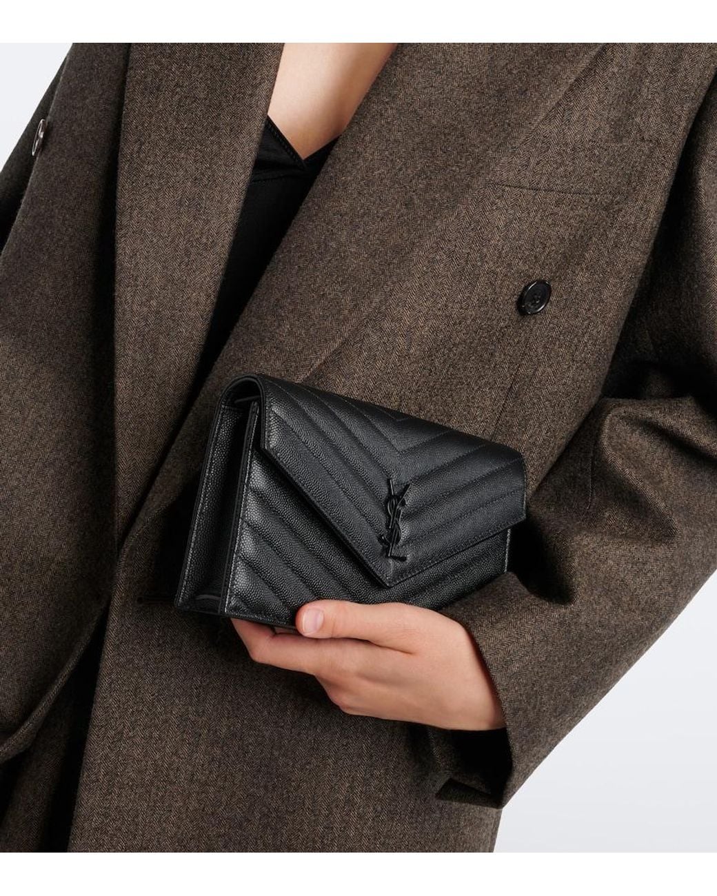 Saint Laurent Black Cassandre Envelope Leather Wallet On Chain