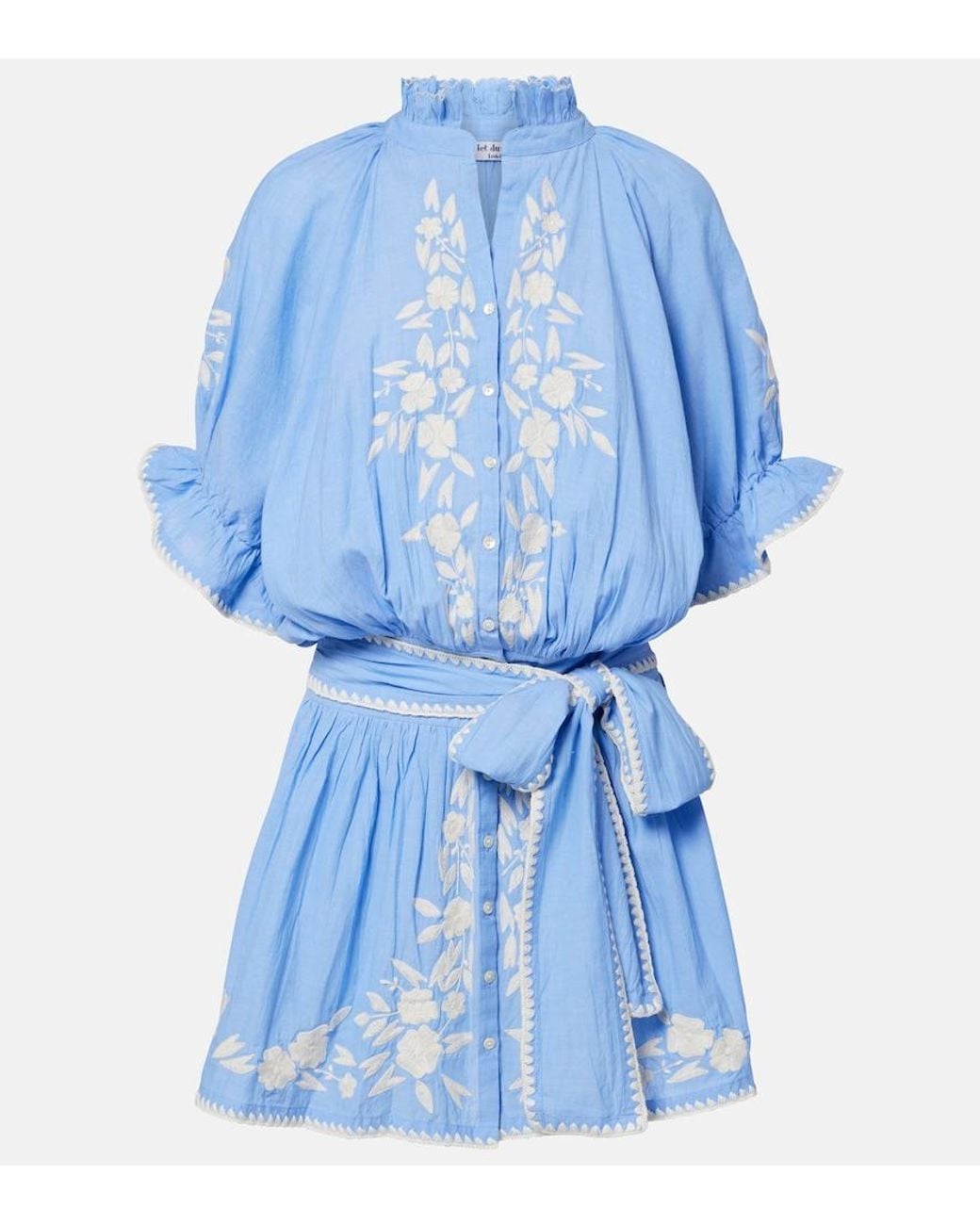 Juliet Dunn Blue Embroidered Cotton Chambray Minidress