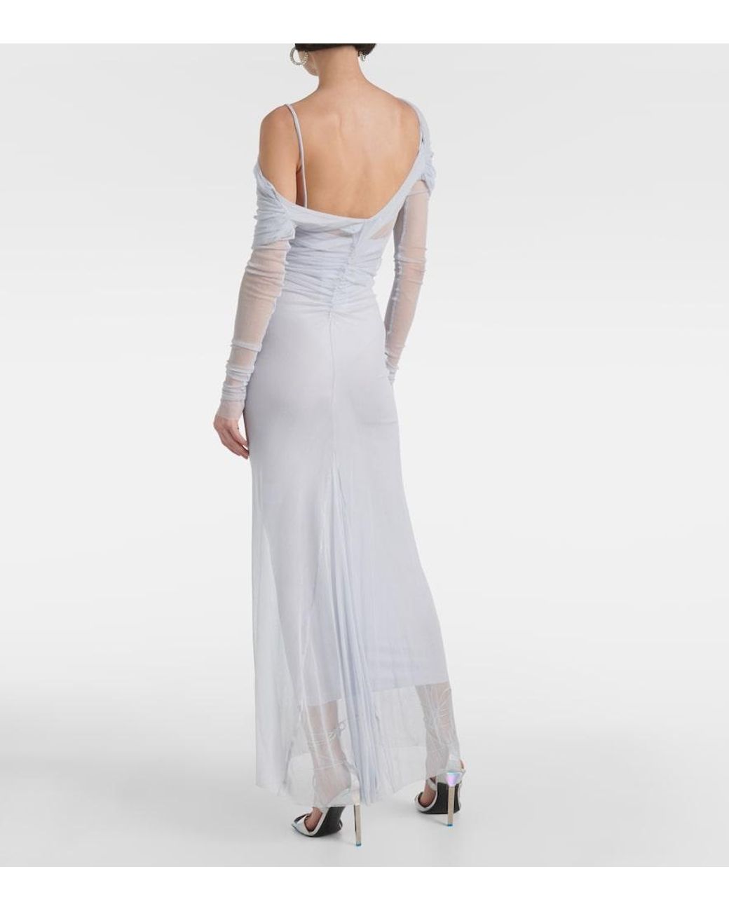 Christopher Esber White Veiled Off-Shoulder Tulle Maxi Dress