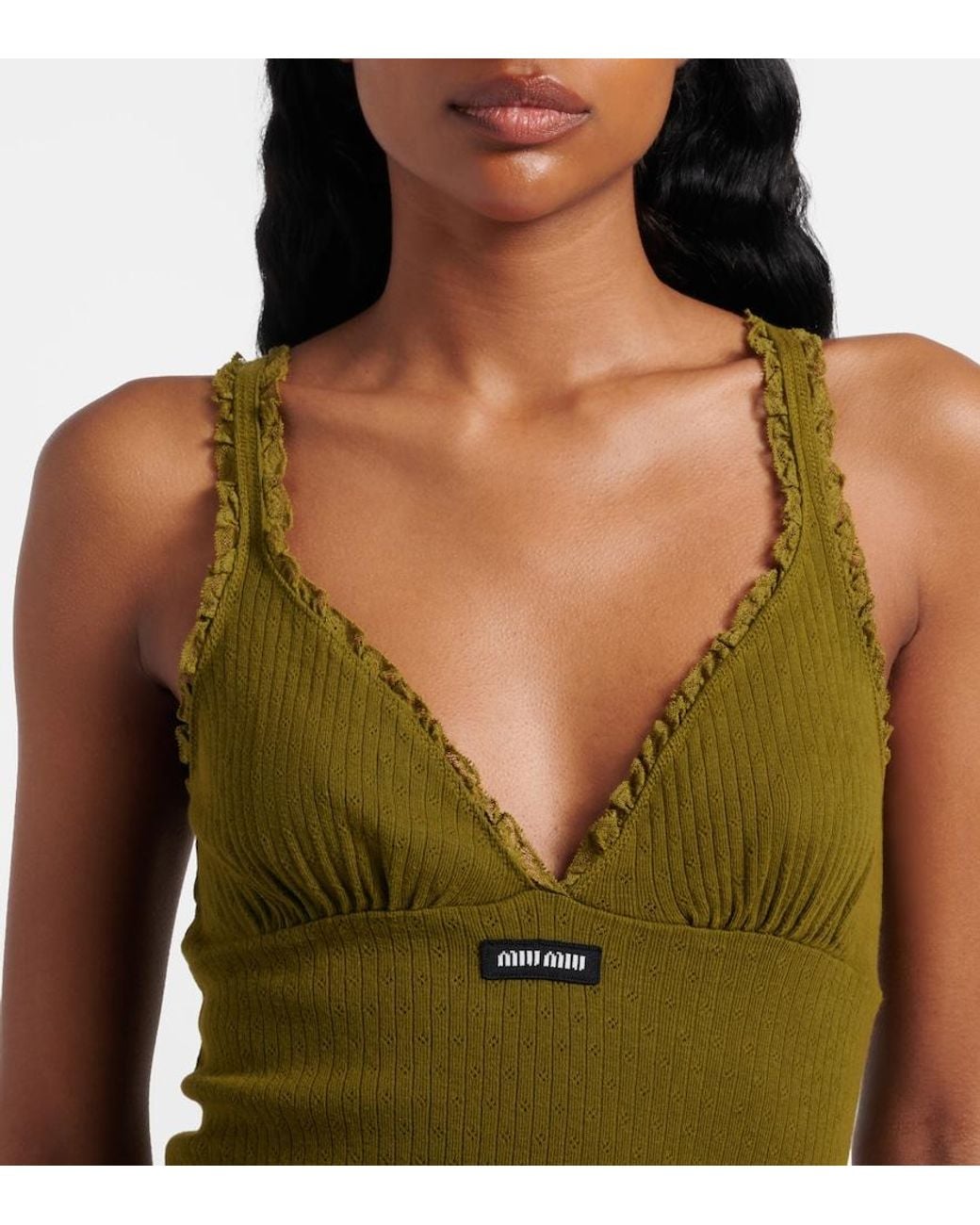 Miu Miu Green Lace-Trimmed Pointelle Cotton Minidress