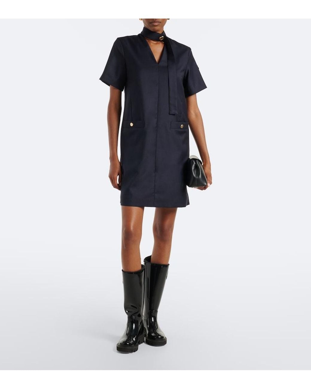 Moncler Blue Tie-Neck Virgin Wool Minidress