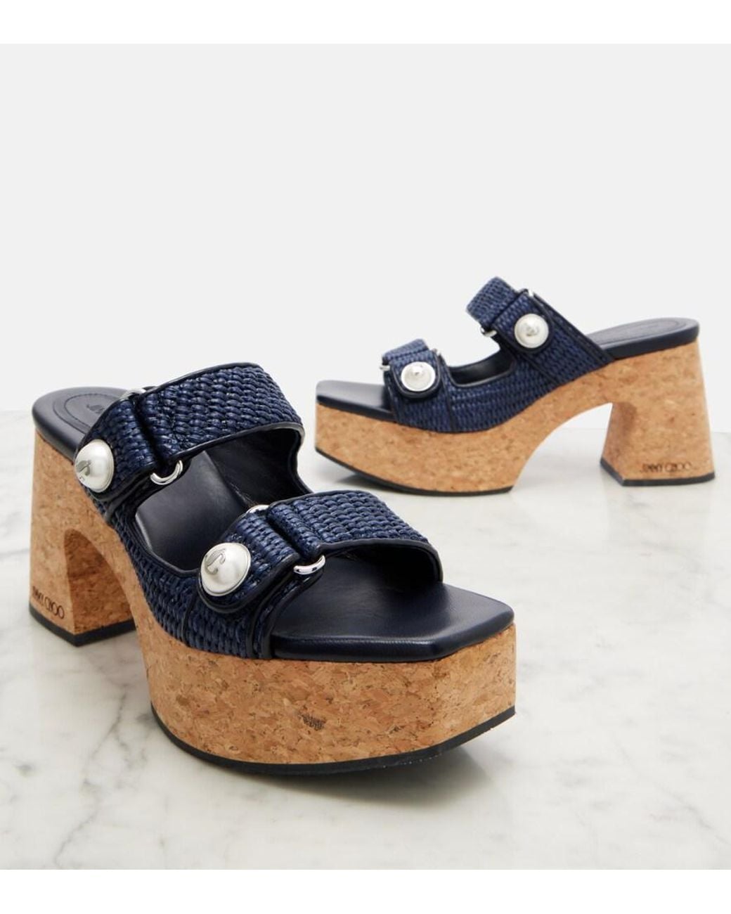 Jimmy Choo Blue Fayence Raffia-Effect Platform Sandals