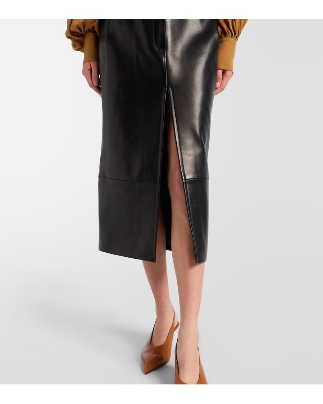 Khaite Black Anden Leather Midi Skirt