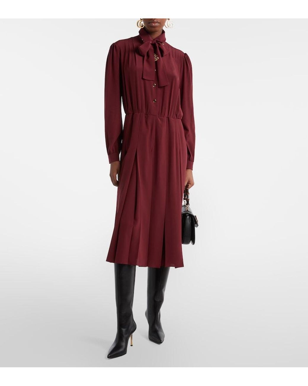 Gucci Red Pleated Silk Crepe De Chine Midi Dress