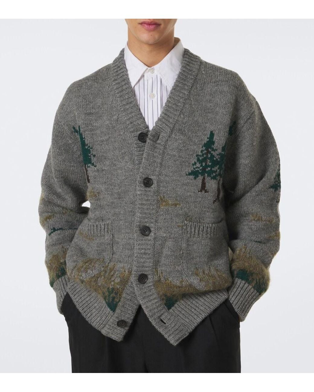 Junya Watanabe Gray Intarsia Wool And Mohair-Blend Cardigan for men