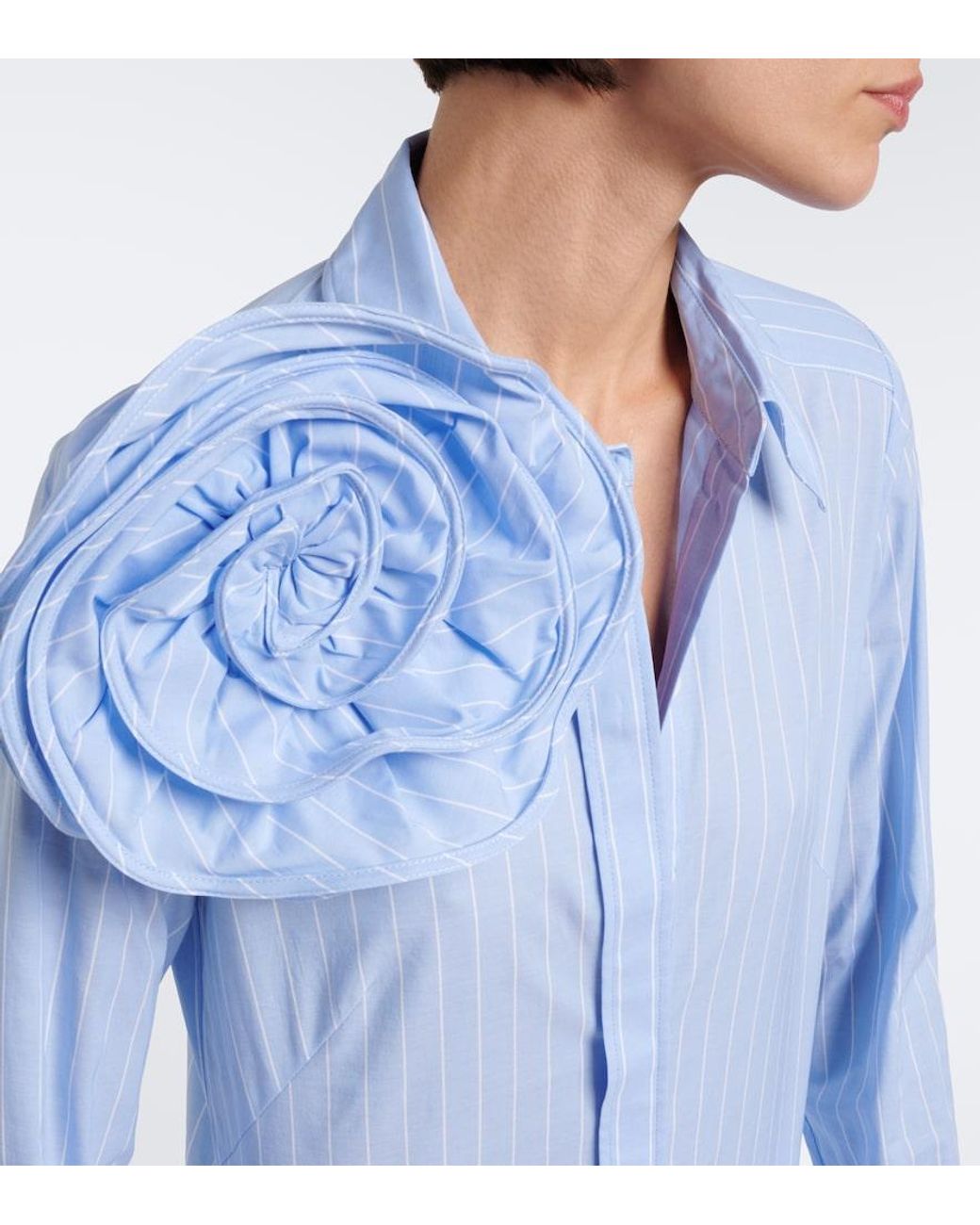 Dorothee Schumacher Blue Striped Power Floral-Applique Cotton-Blend Shirt