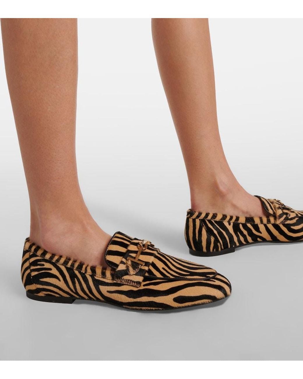 Tod's Brown T Ring Printed Calf Hair Loafers