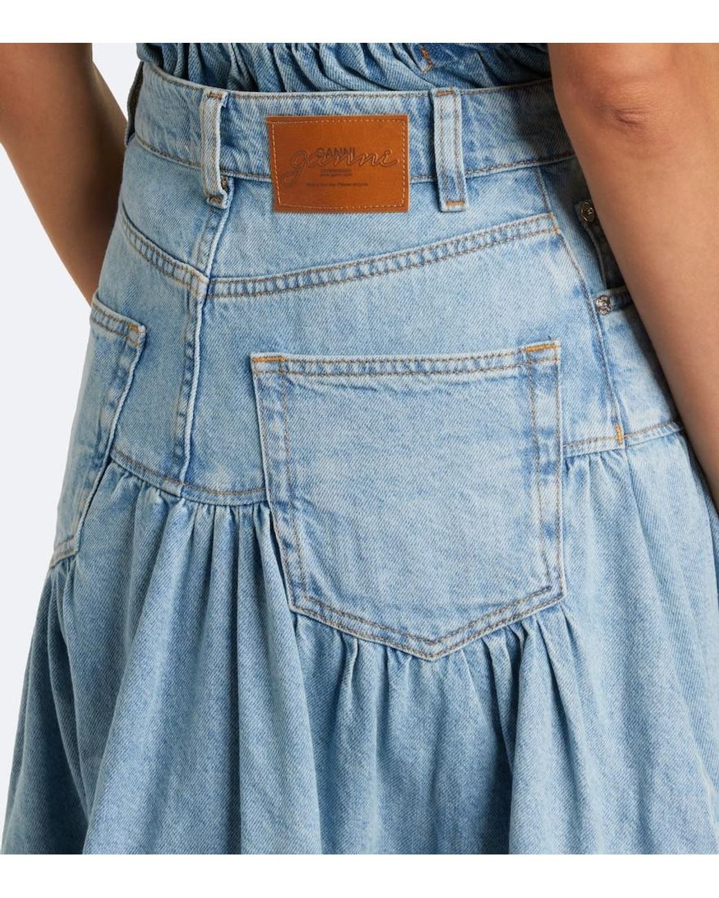 Ganni Blue Ruffled Denim Midi Skirt