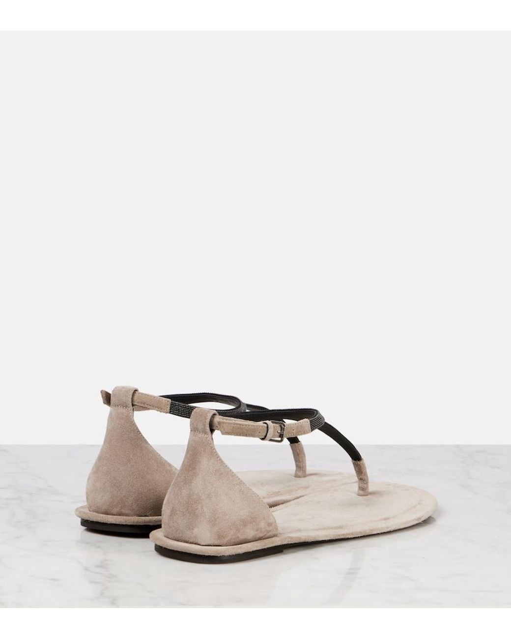 Brunello Cucinelli White Monili Suede Thong Sandals