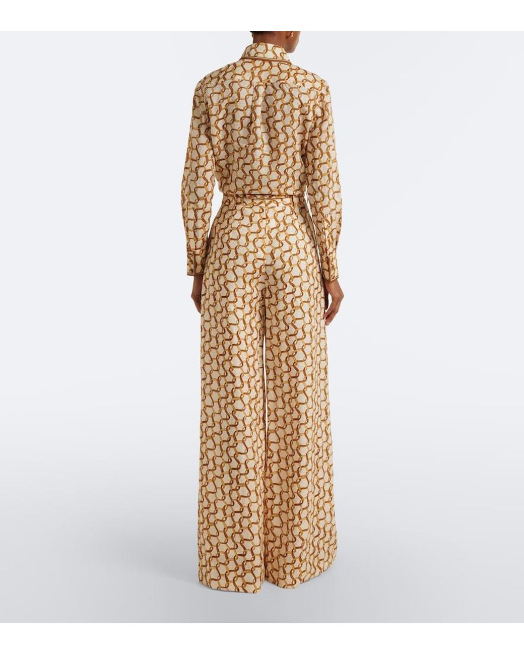 Zimmermann Metallic Belted Printed Linen Wide-Leg Pants